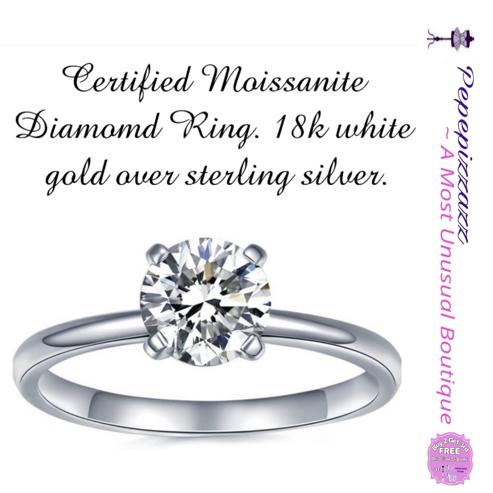 Sale 1ct Certified GENUINE MOISSANITE DIAMIND SOLITAIRE RING 18K WHITE GOLD 925